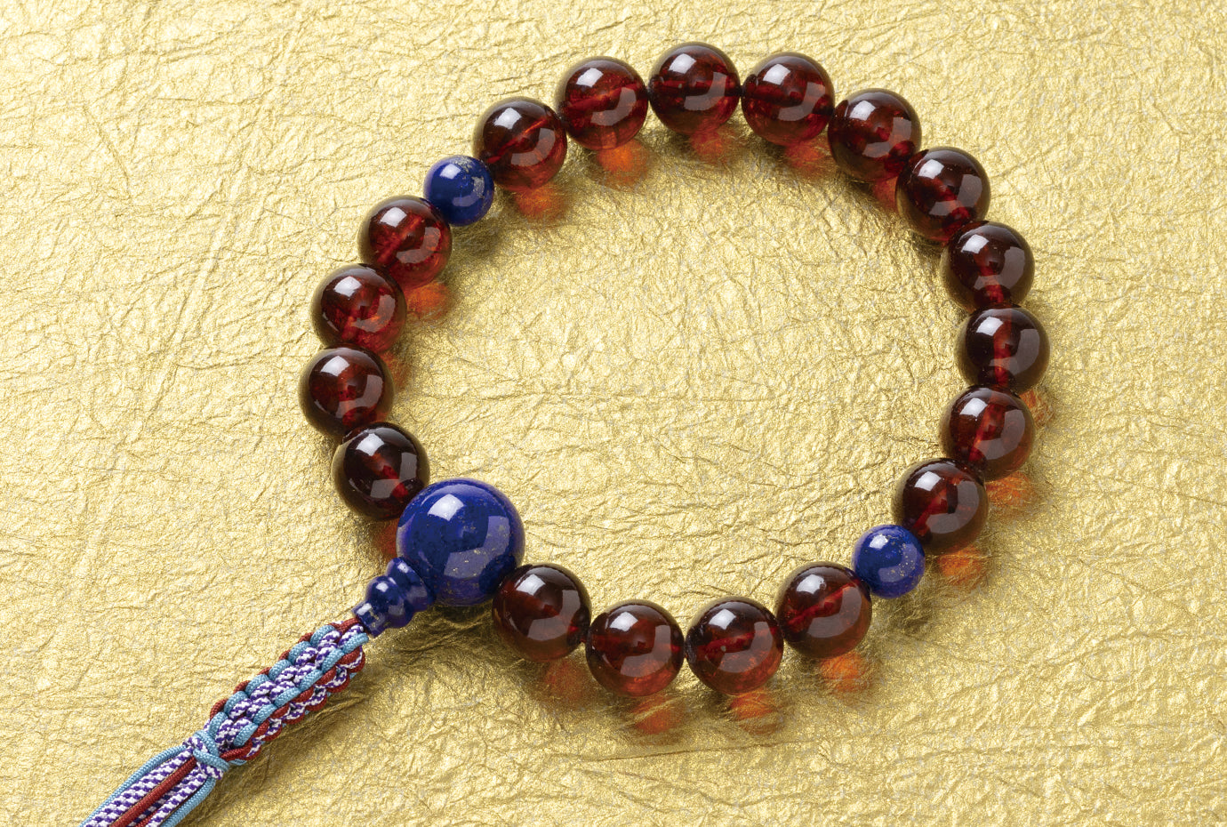 プレスドチェリー琥珀16ミリ18玉単念珠ラピスラズリ仕立