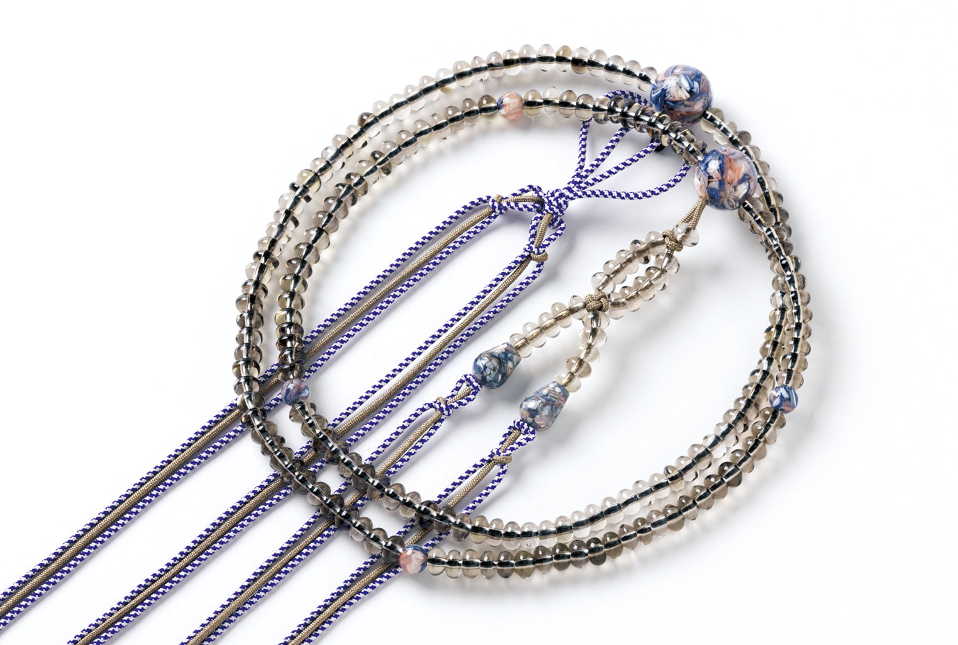 茶水晶3×6ミリ尺一寸布教用念珠ブルーピンクマーブルシェル仕立