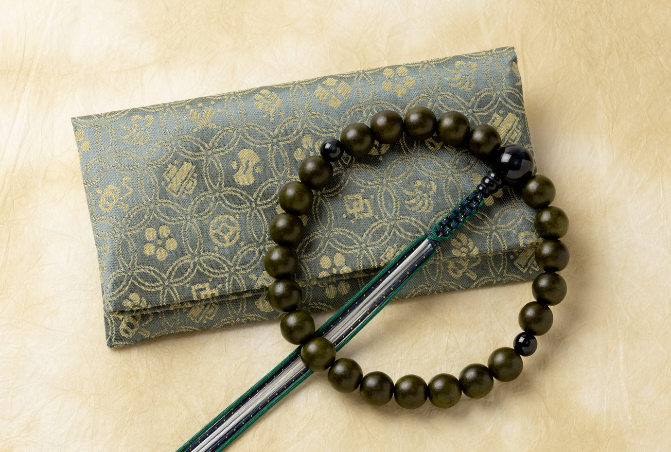 緑檀23玉単念珠青虎目仕立+緞子七宝(緑)念珠入セット