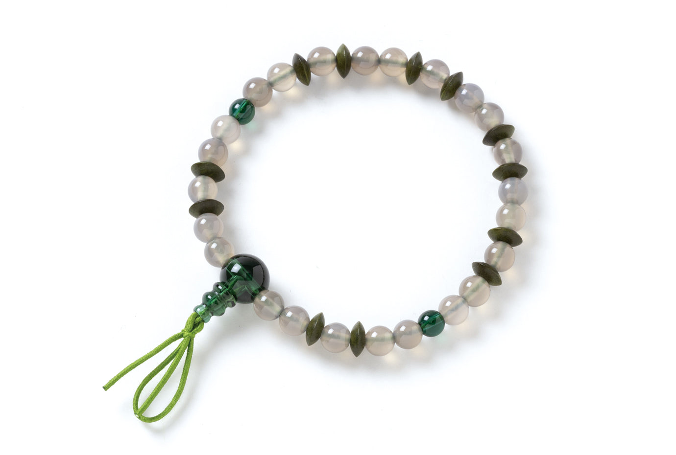 ナチュラルアゲート6ミリ/緑檀平玉腕輪念珠ダークグリーンクオーツ仕立