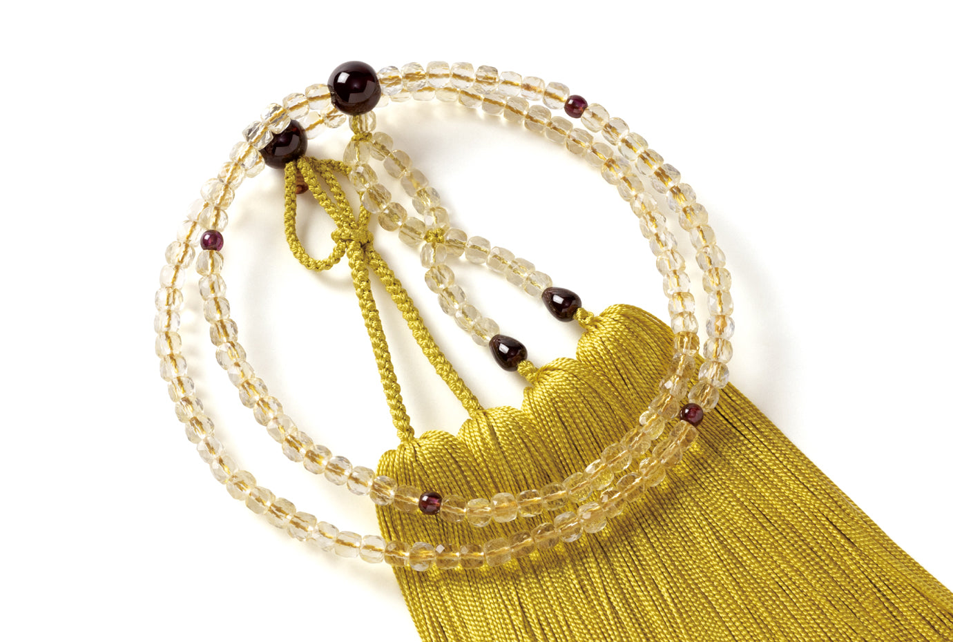 シトリンクオーツ5ミリ切子キューブ8寸2輪念珠ガーネット仕立