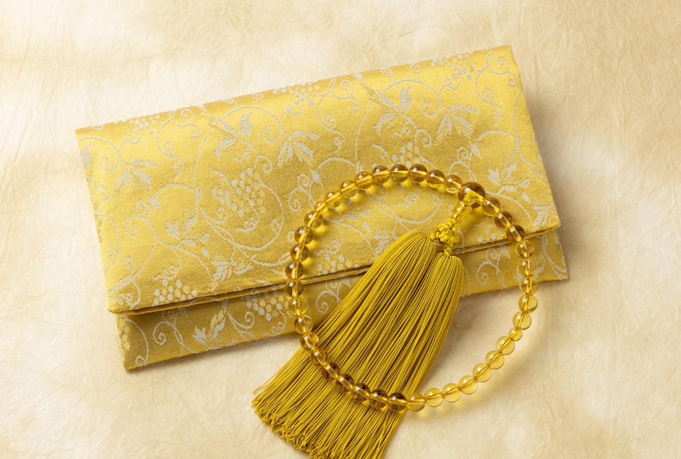 黄水晶7ミリ単念珠共仕立+緞子葡萄(金茶)念珠入セット