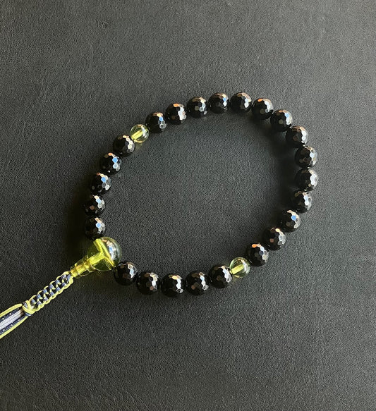 黒水晶12ミリ切子24玉単念珠グリーンアンバー仕立