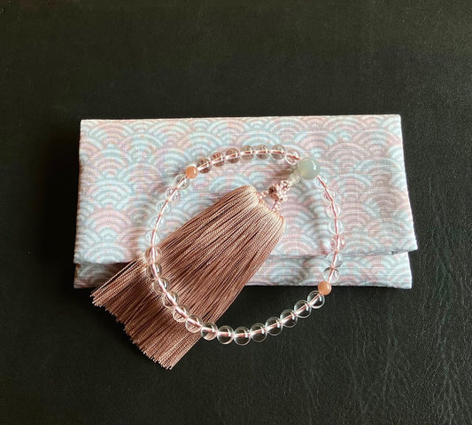 水晶8ミリ単念珠ミックスムーンストーン仕立＋青海波念珠入セット（木箱入）