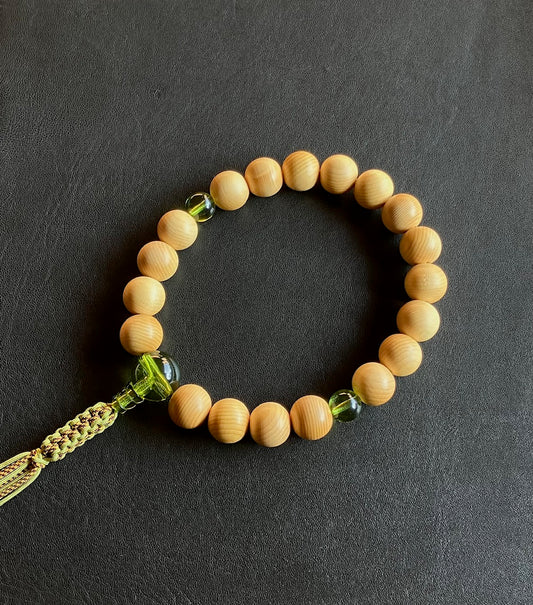 檜葉16ミリ19玉単念珠グリーンアンバー仕立