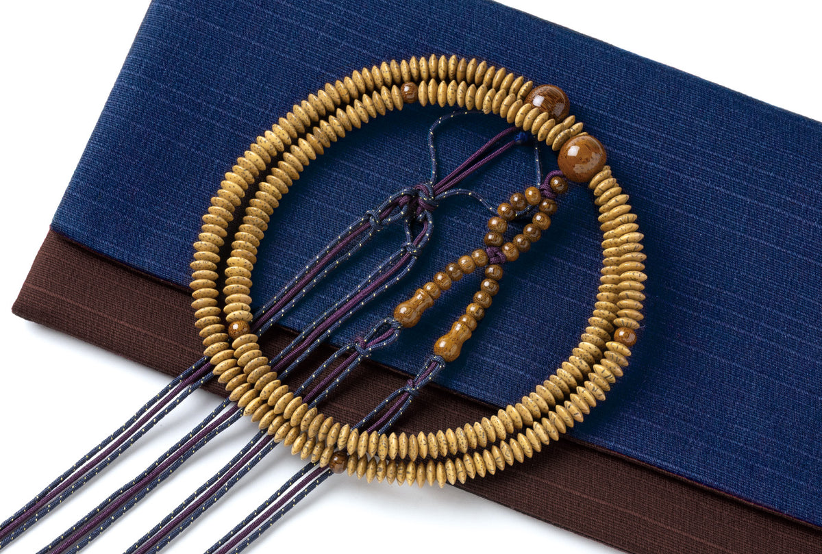 星月菩提樹３×７ミリ尺一寸布教用念珠竹仕立＋シャンタン織念珠入（紺／茶）セット